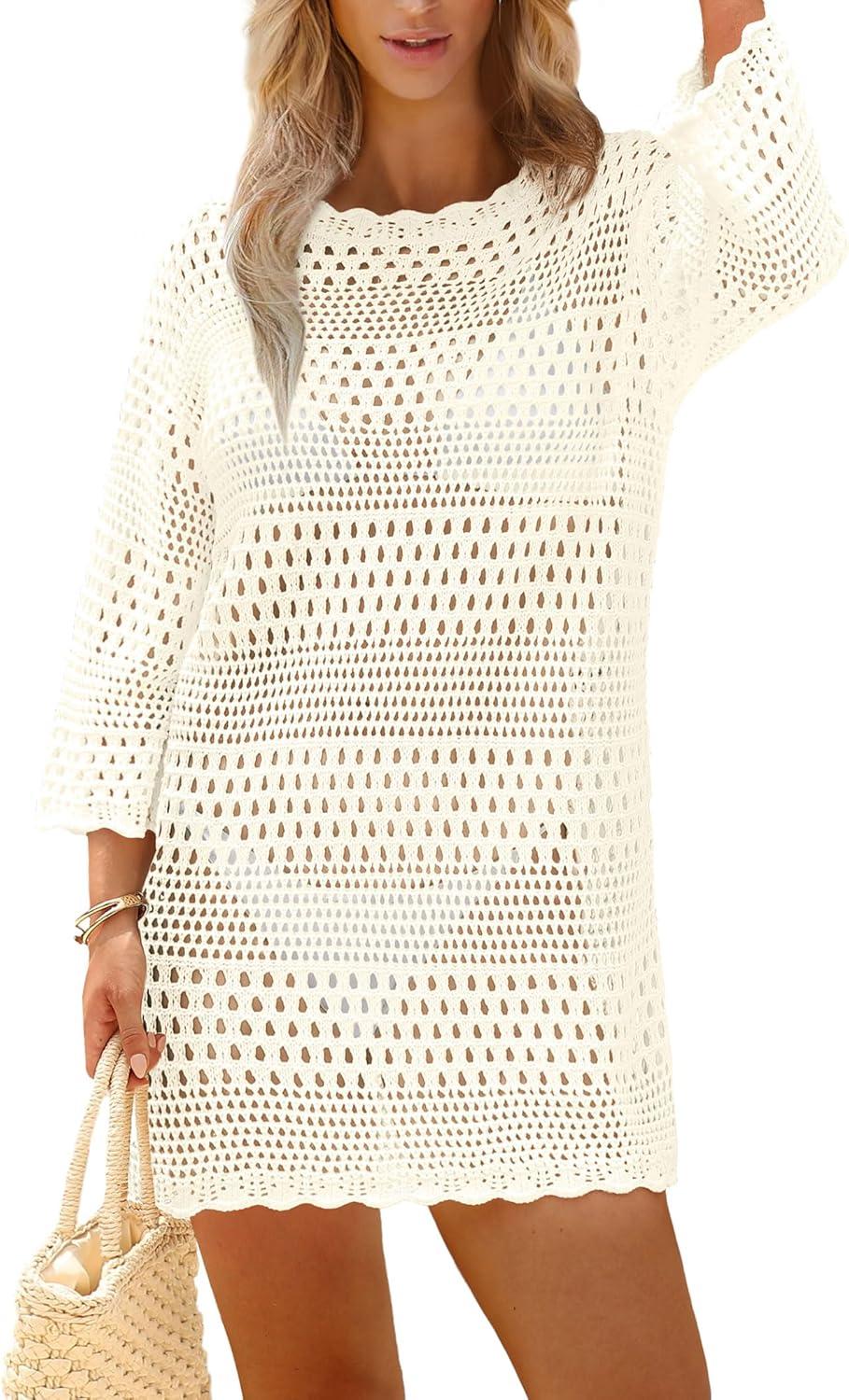 imageSAMPEEL Swimsuit Coverup for Women Beach Vacation Clothes Bathing Suit Cover Up Crochet Dresses Summer Cruise Outfits 2025Cream White