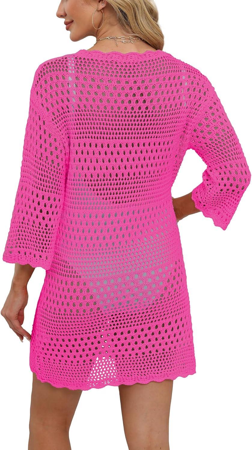 imageSAMPEEL Swimsuit Coverup for Women Beach Vacation Clothes Bathing Suit Cover Up Crochet Dresses Summer Cruise Outfits 2025Hot Pink