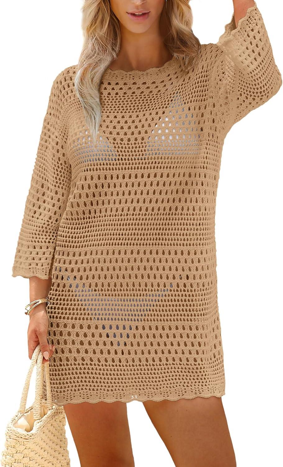 imageSAMPEEL Swimsuit Coverup for Women Beach Vacation Clothes Bathing Suit Cover Up Crochet Dresses Summer Cruise Outfits 2025Pastel Brown