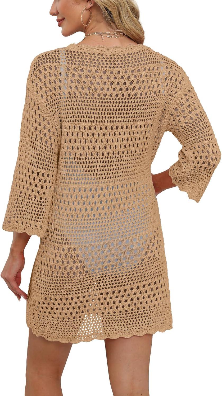 imageSAMPEEL Swimsuit Coverup for Women Beach Vacation Clothes Bathing Suit Cover Up Crochet Dresses Summer Cruise Outfits 2025Pastel Brown