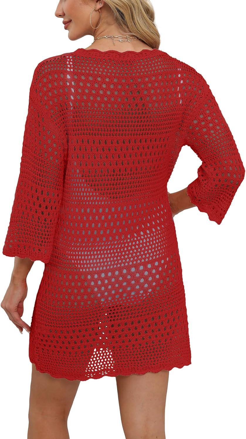 imageSAMPEEL Swimsuit Coverup for Women Beach Vacation Clothes Bathing Suit Cover Up Crochet Dresses Summer Cruise Outfits 2025Red