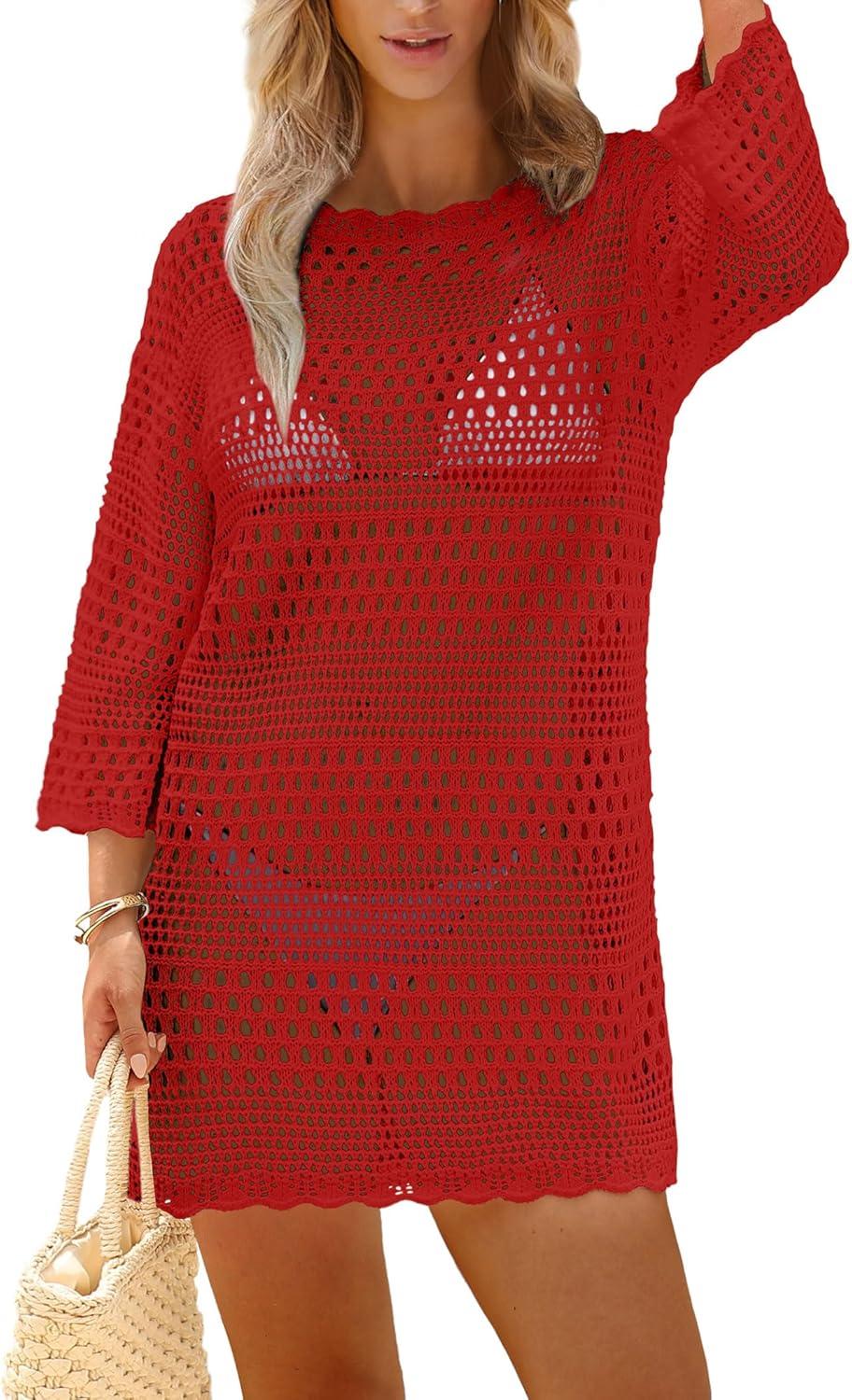 imageSAMPEEL Swimsuit Coverup for Women Beach Vacation Clothes Bathing Suit Cover Up Crochet Dresses Summer Cruise Outfits 2025Red
