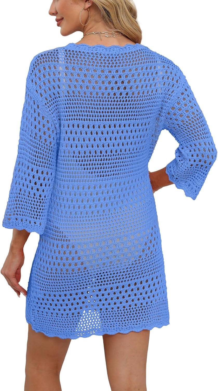 imageSAMPEEL Swimsuit Coverup for Women Beach Vacation Clothes Bathing Suit Cover Up Crochet Dresses Summer Cruise Outfits 2025Sea Blue