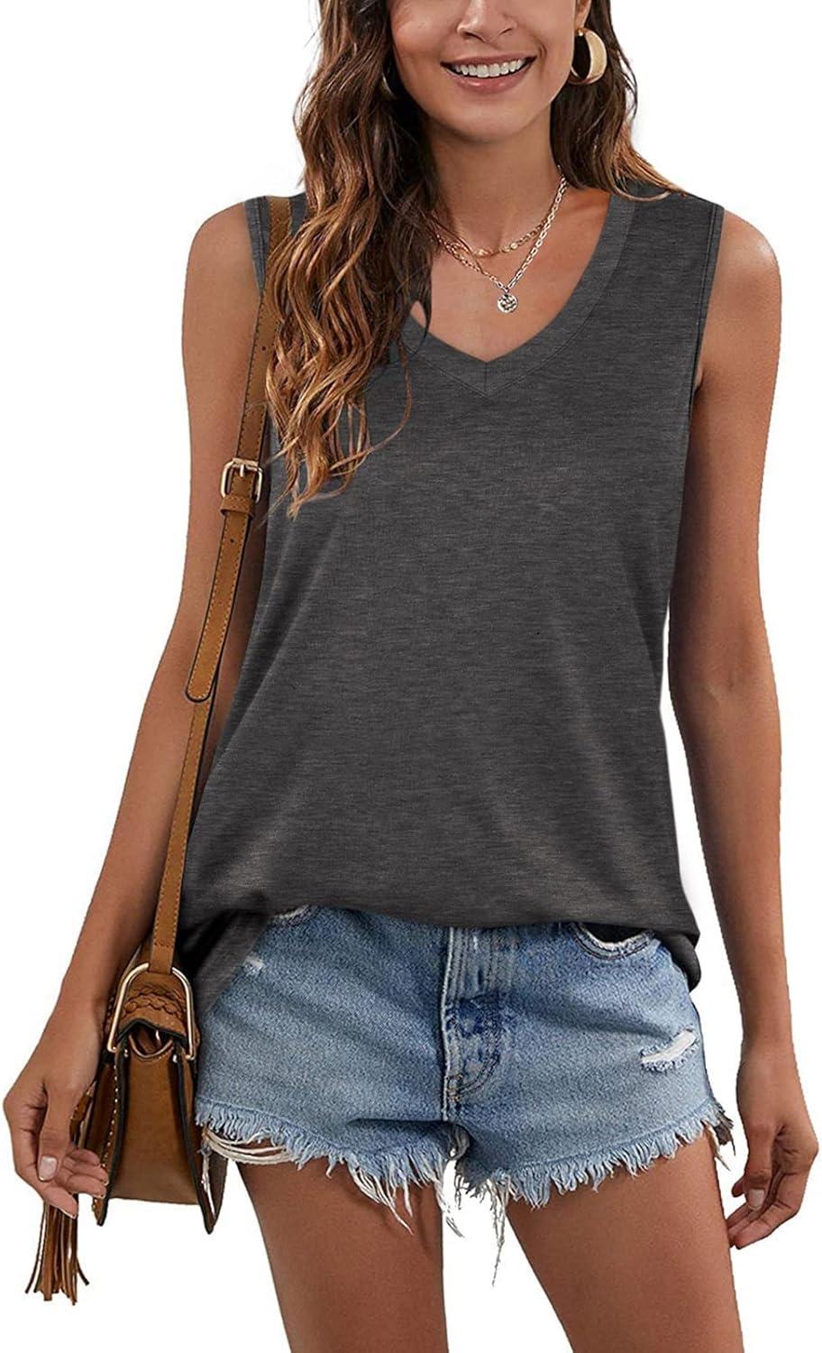 imageSAMPEEL Tank Tops for Women Cami Deep V Neck Sleeveless Shirts Womens Tees Casual Tee04dark Grey