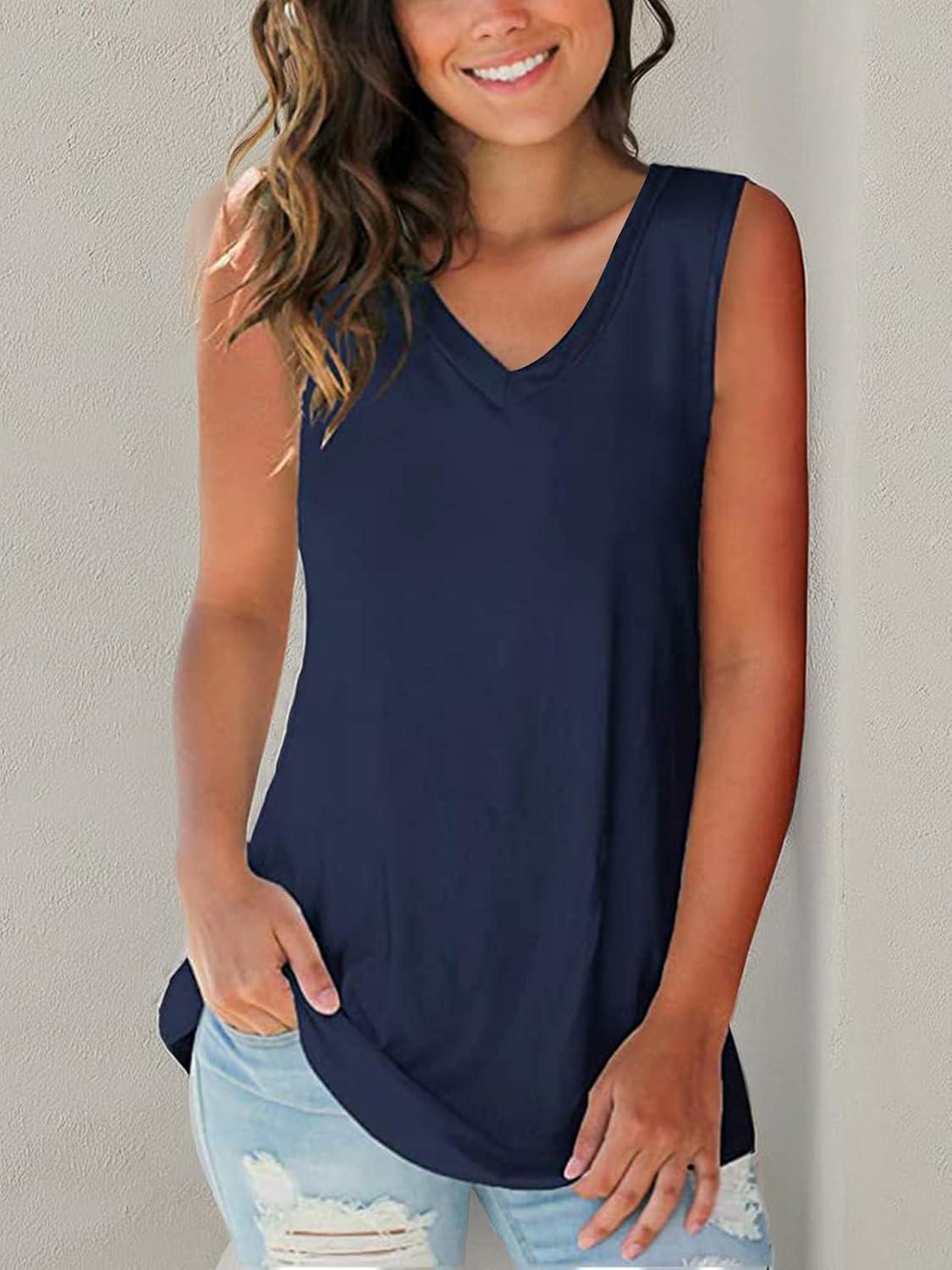 imageSAMPEEL Tank Tops for Women Cami Deep V Neck Sleeveless Shirts Womens Tees Casual TeeNavyblue
