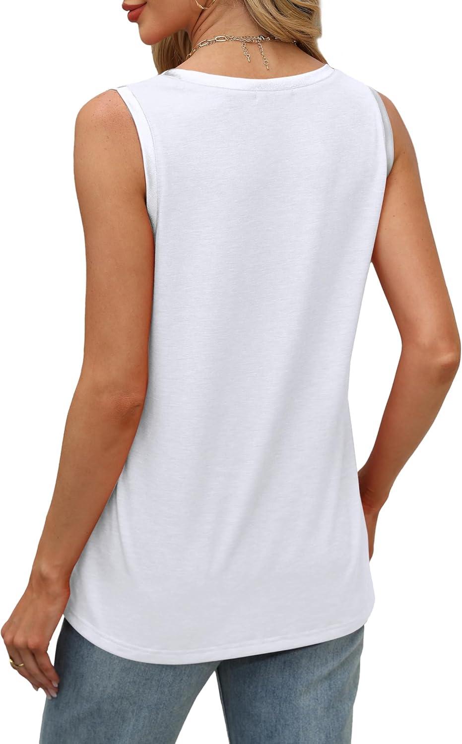 imageSAMPEEL Tank Tops for Women Summer Trendy V Neck Tops Shiny Trim Loose Fit Casual Sleeveless Shirts Fashion 2025All White