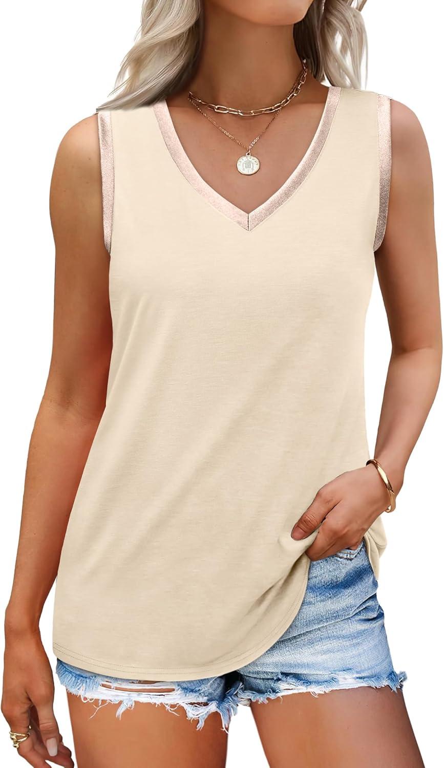 imageSAMPEEL Tank Tops for Women Summer Trendy V Neck Tops Shiny Trim Loose Fit Casual Sleeveless Shirts Fashion 2025Beige