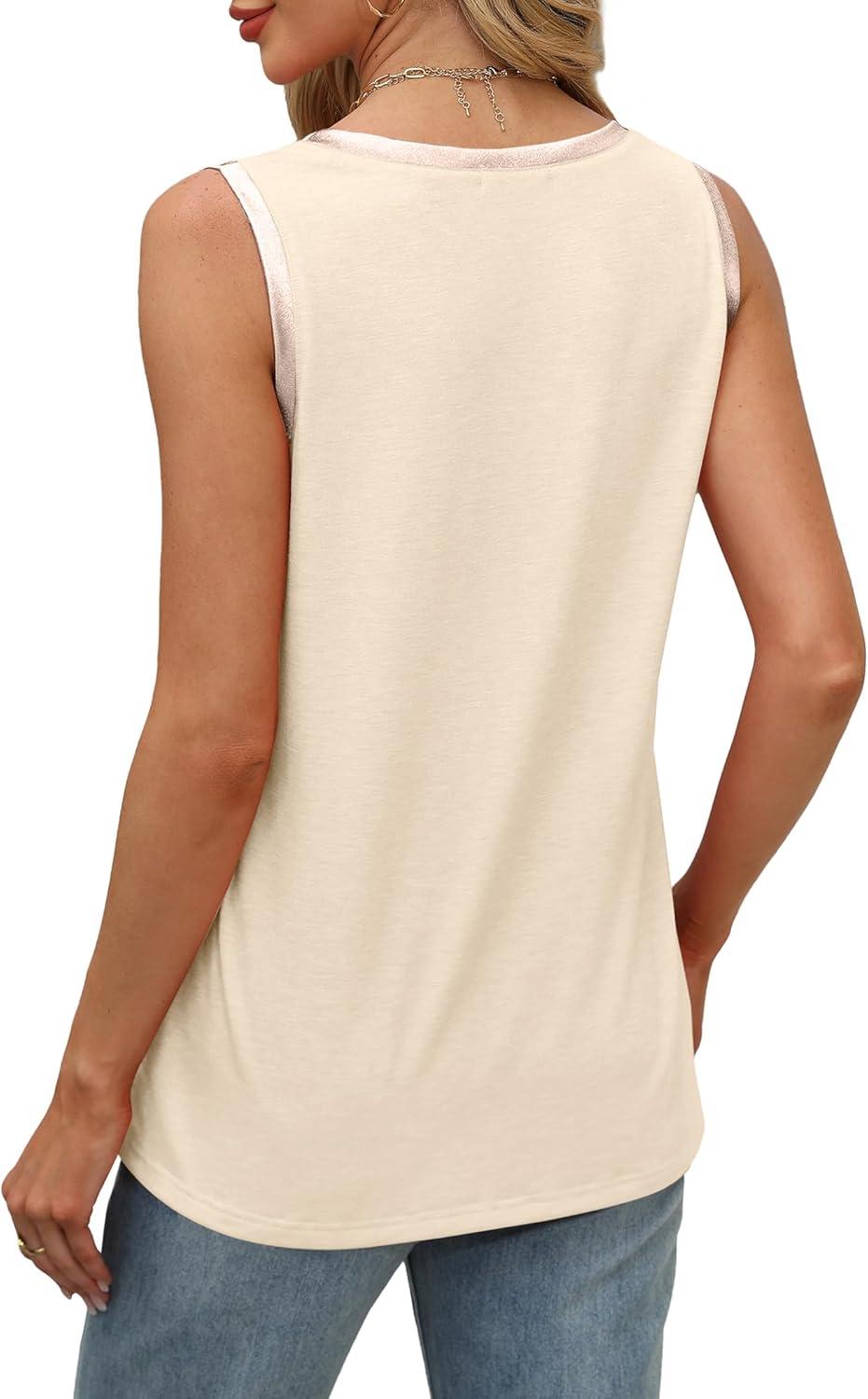 imageSAMPEEL Tank Tops for Women Summer Trendy V Neck Tops Shiny Trim Loose Fit Casual Sleeveless Shirts Fashion 2025Beige