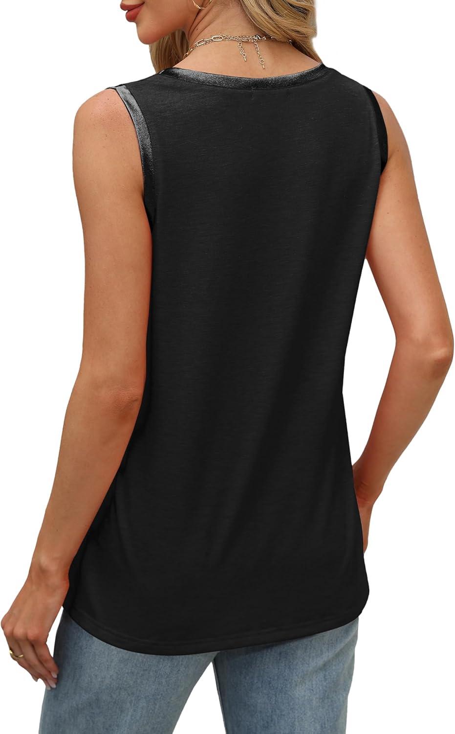 imageSAMPEEL Tank Tops for Women Summer Trendy V Neck Tops Shiny Trim Loose Fit Casual Sleeveless Shirts Fashion 2025Black