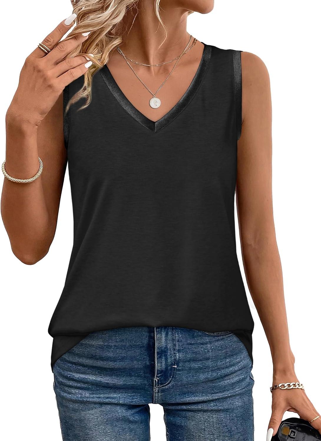 imageSAMPEEL Tank Tops for Women Summer Trendy V Neck Tops Shiny Trim Loose Fit Casual Sleeveless Shirts Fashion 2025Black
