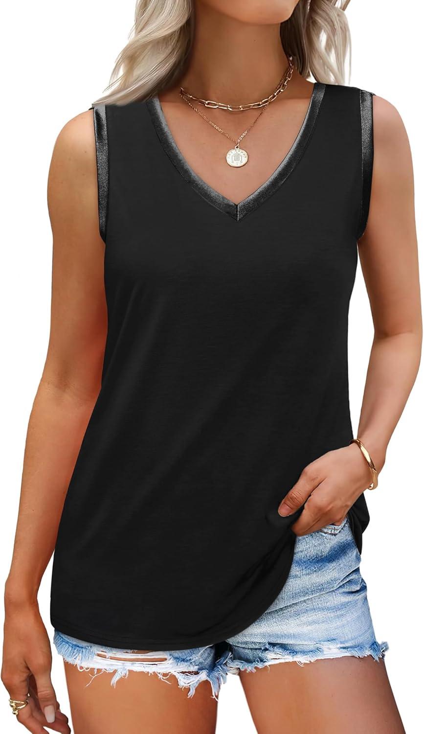 imageSAMPEEL Tank Tops for Women Summer Trendy V Neck Tops Shiny Trim Loose Fit Casual Sleeveless Shirts Fashion 2025Black