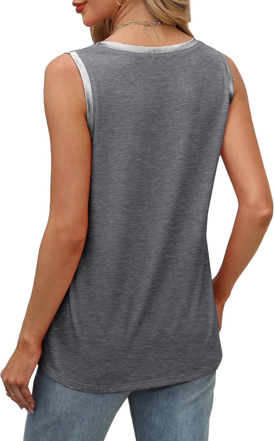 imageSAMPEEL Tank Tops for Women Summer Trendy V Neck Tops Shiny Trim Loose Fit Casual Sleeveless Shirts Fashion 2025Dark Gray