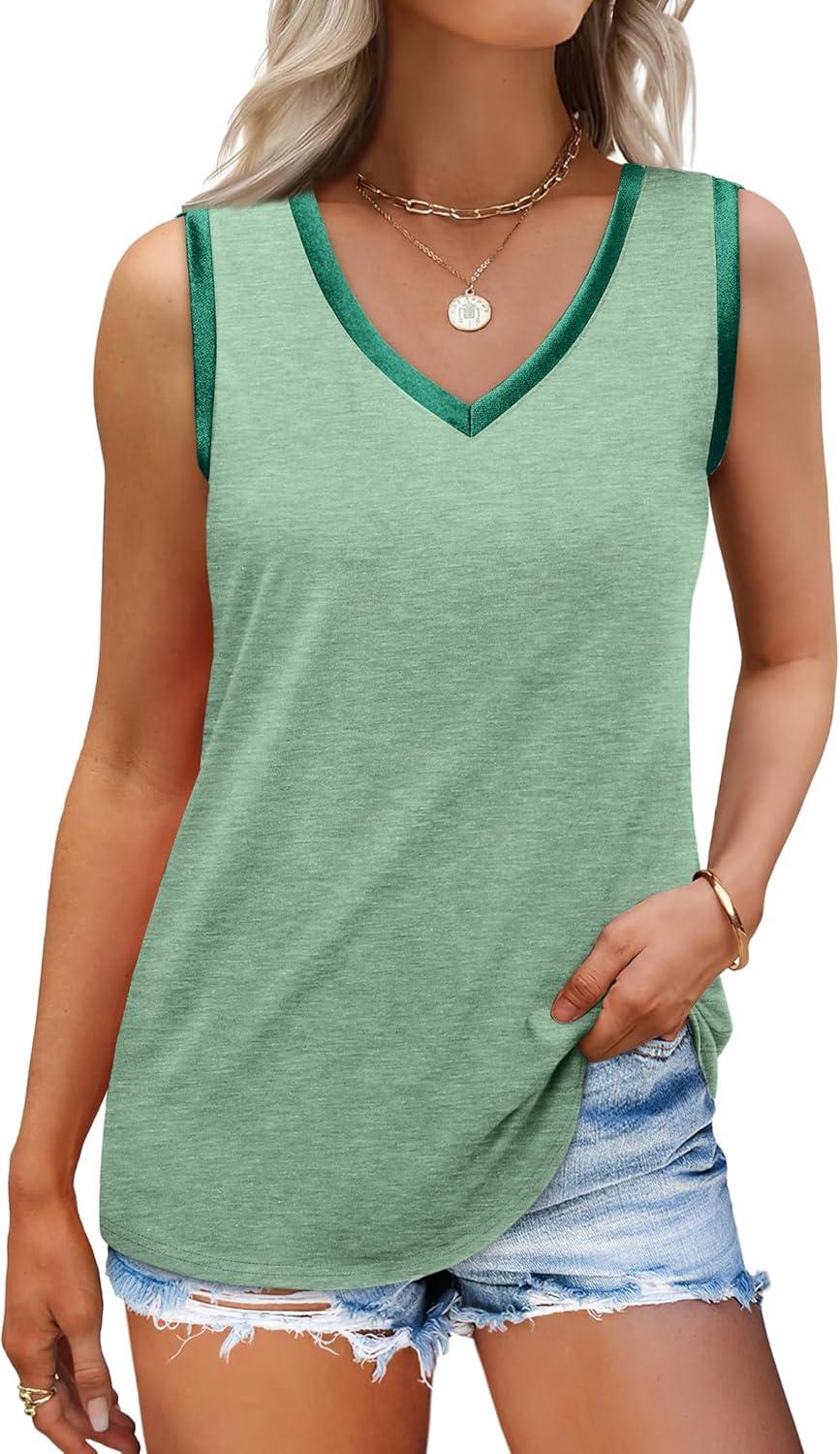 imageSAMPEEL Tank Tops for Women Summer Trendy V Neck Tops Shiny Trim Loose Fit Casual Sleeveless Shirts Fashion 2025Fresh Green