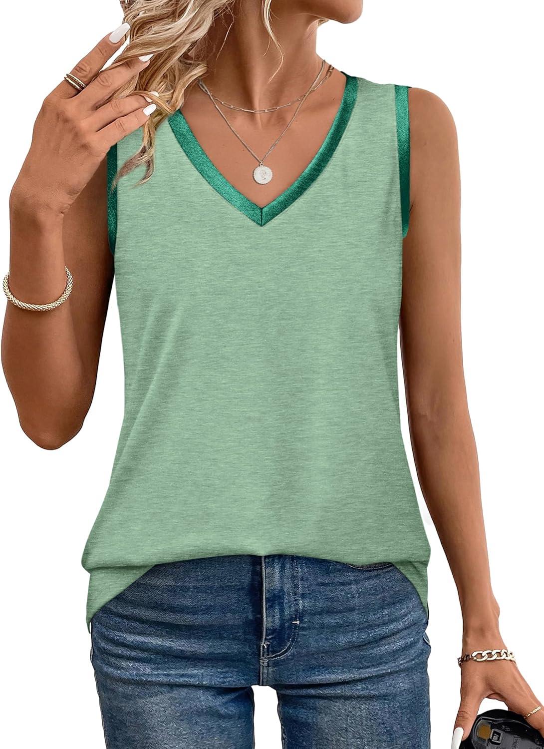 imageSAMPEEL Tank Tops for Women Summer Trendy V Neck Tops Shiny Trim Loose Fit Casual Sleeveless Shirts Fashion 2025Fresh Green