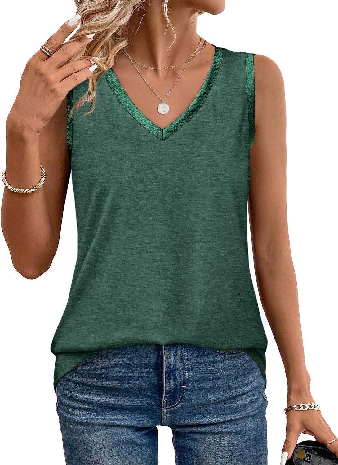 imageSAMPEEL Tank Tops for Women Summer Trendy V Neck Tops Shiny Trim Loose Fit Casual Sleeveless Shirts Fashion 2025Green