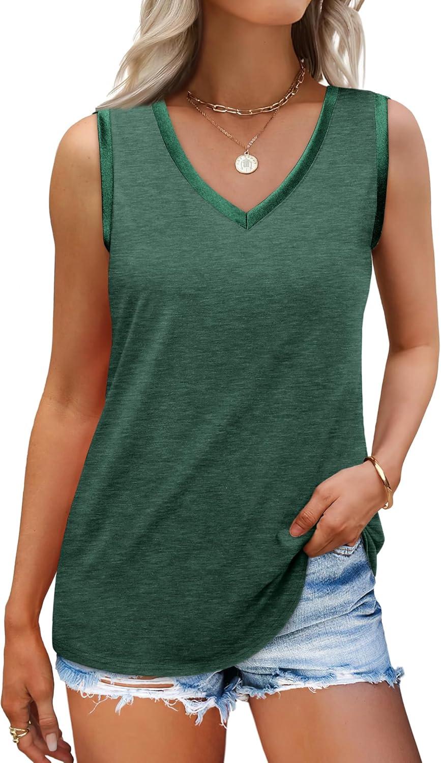 imageSAMPEEL Tank Tops for Women Summer Trendy V Neck Tops Shiny Trim Loose Fit Casual Sleeveless Shirts Fashion 2025Green