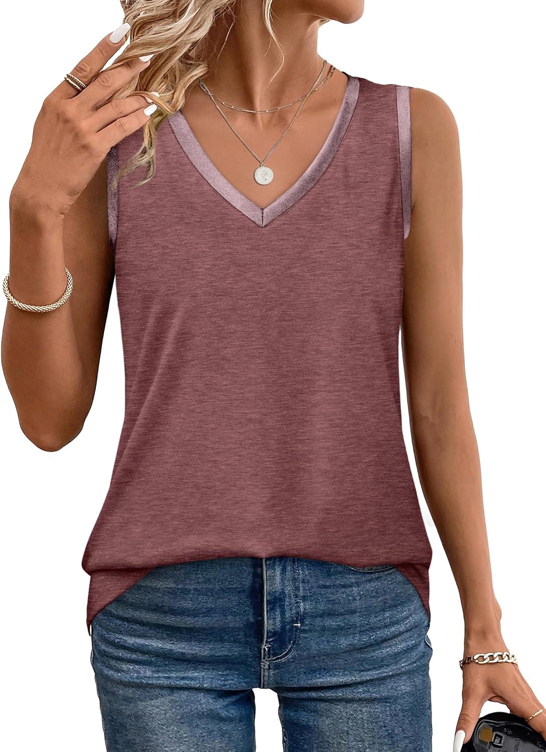 imageSAMPEEL Tank Tops for Women Summer Trendy V Neck Tops Shiny Trim Loose Fit Casual Sleeveless Shirts Fashion 2025Maroon