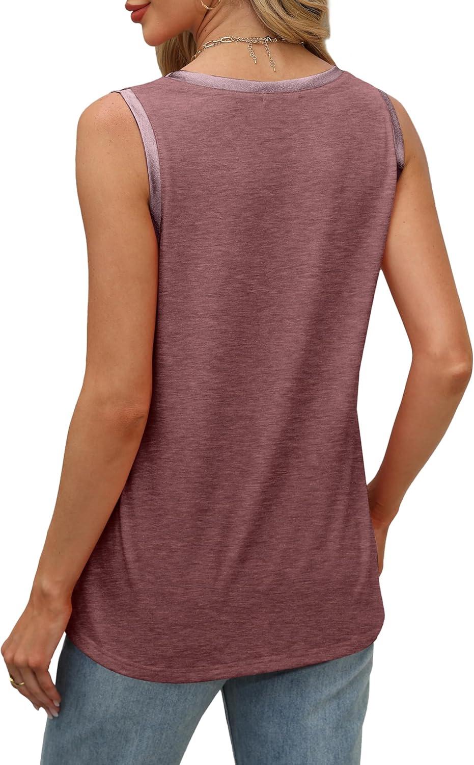imageSAMPEEL Tank Tops for Women Summer Trendy V Neck Tops Shiny Trim Loose Fit Casual Sleeveless Shirts Fashion 2025Maroon