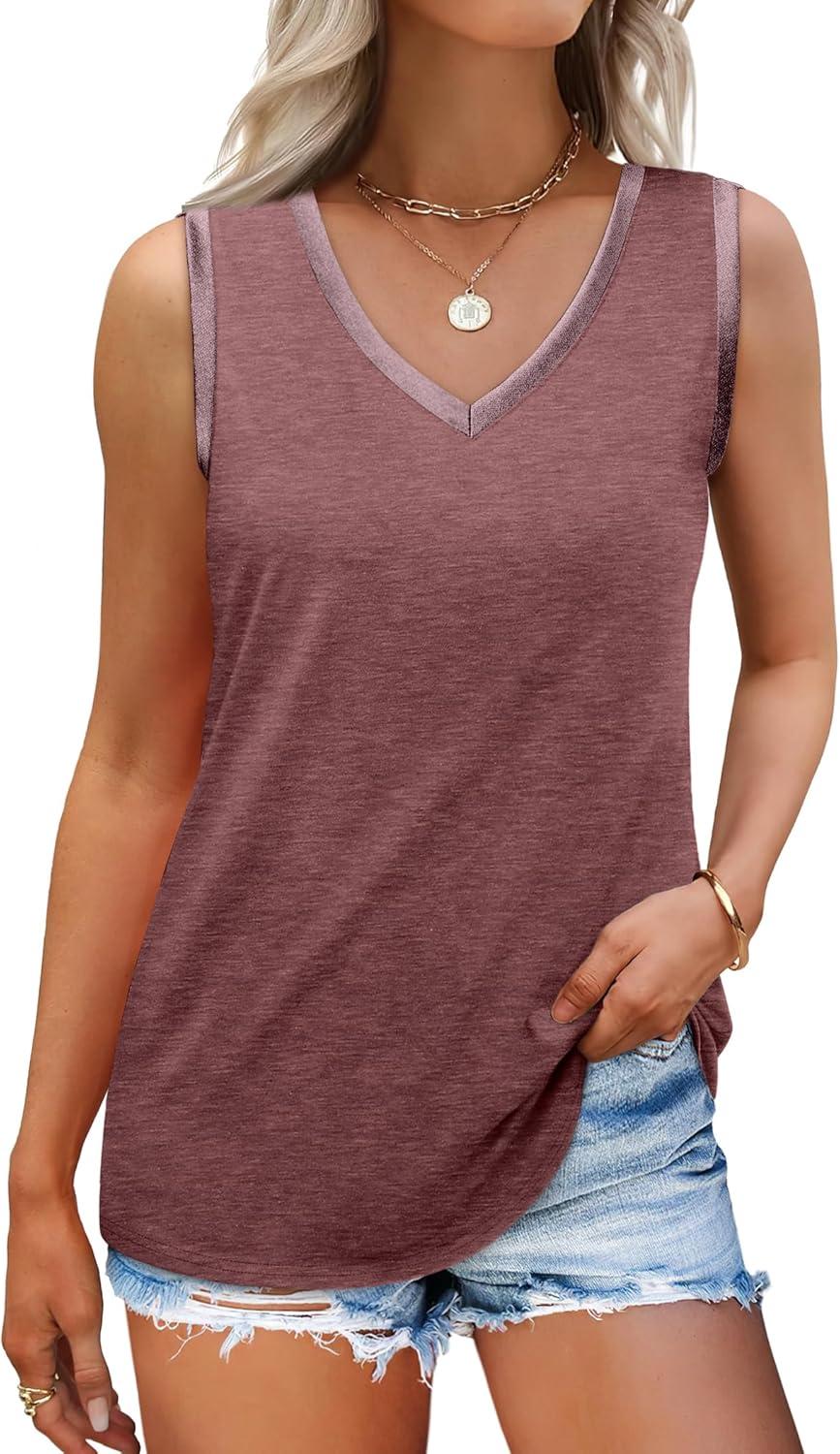 imageSAMPEEL Tank Tops for Women Summer Trendy V Neck Tops Shiny Trim Loose Fit Casual Sleeveless Shirts Fashion 2025Maroon