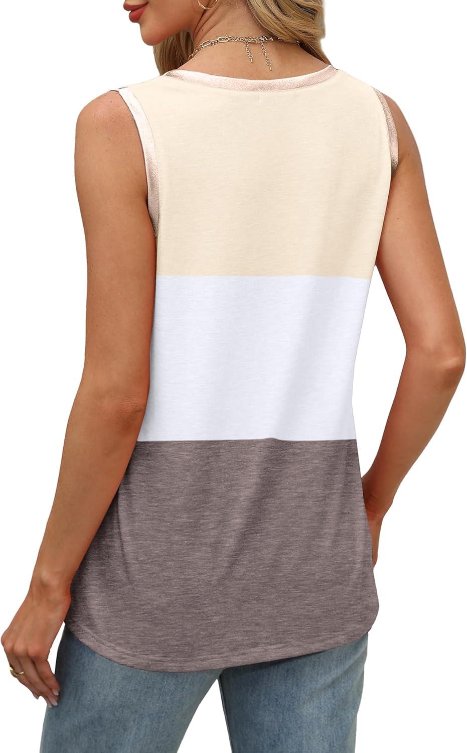 imageSAMPEEL Tank Tops for Women Summer Trendy V Neck Tops Shiny Trim Loose Fit Casual Sleeveless Shirts Fashion 2025Multicolor Apricot