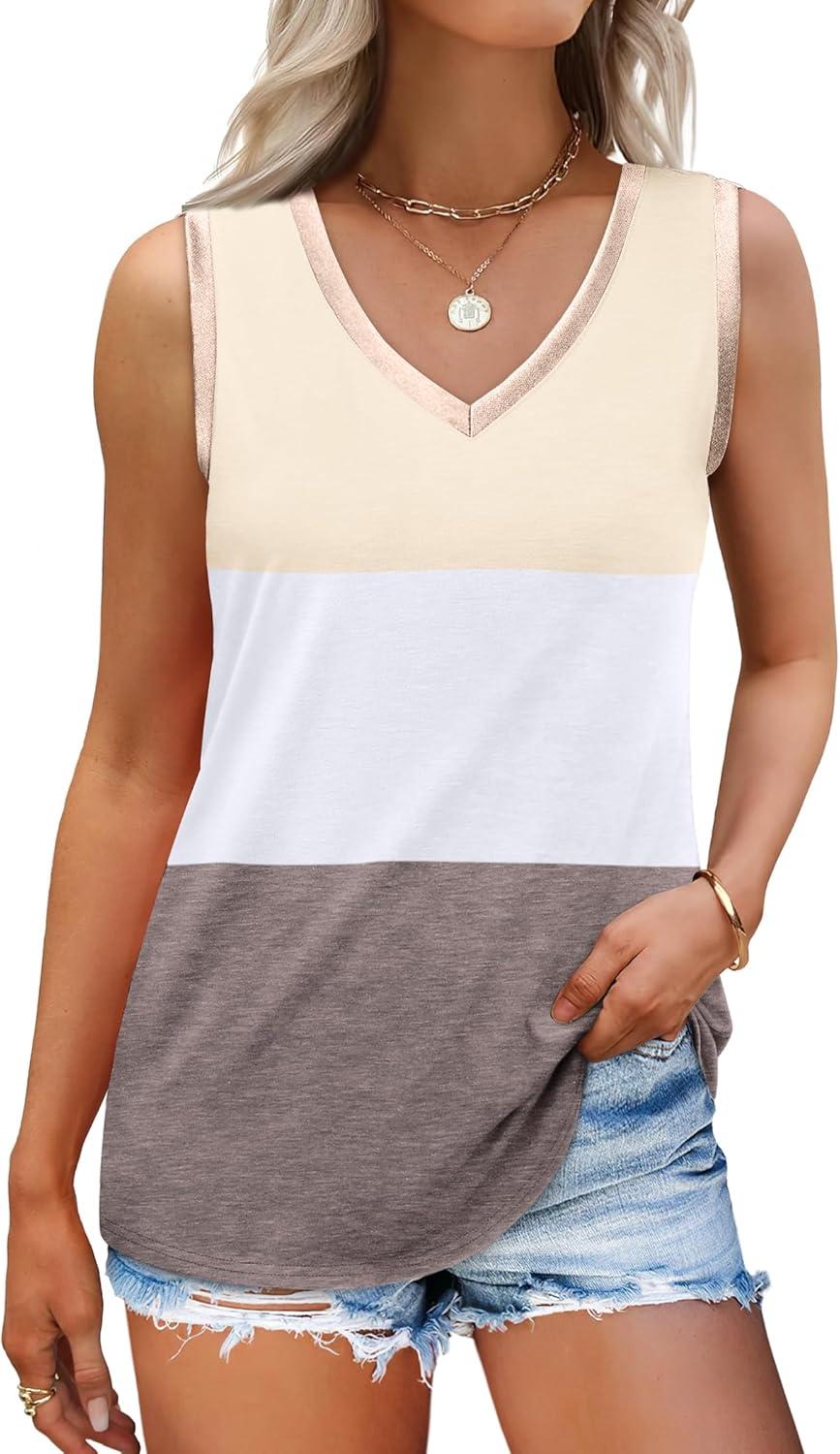 imageSAMPEEL Tank Tops for Women Summer Trendy V Neck Tops Shiny Trim Loose Fit Casual Sleeveless Shirts Fashion 2025Multicolor Apricot