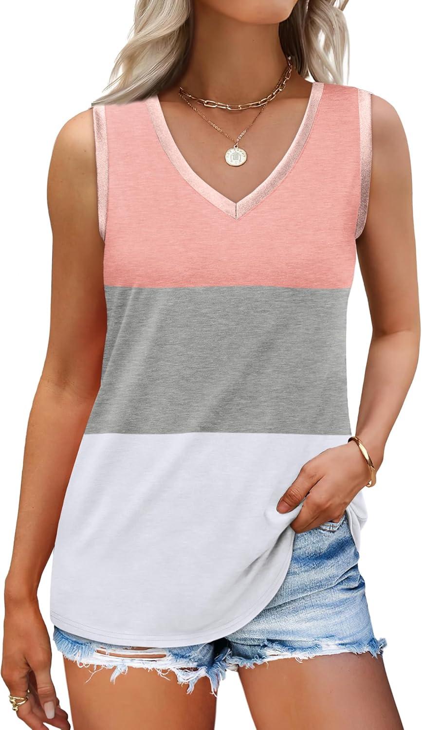imageSAMPEEL Tank Tops for Women Summer Trendy V Neck Tops Shiny Trim Loose Fit Casual Sleeveless Shirts Fashion 2025Multicolor Coral