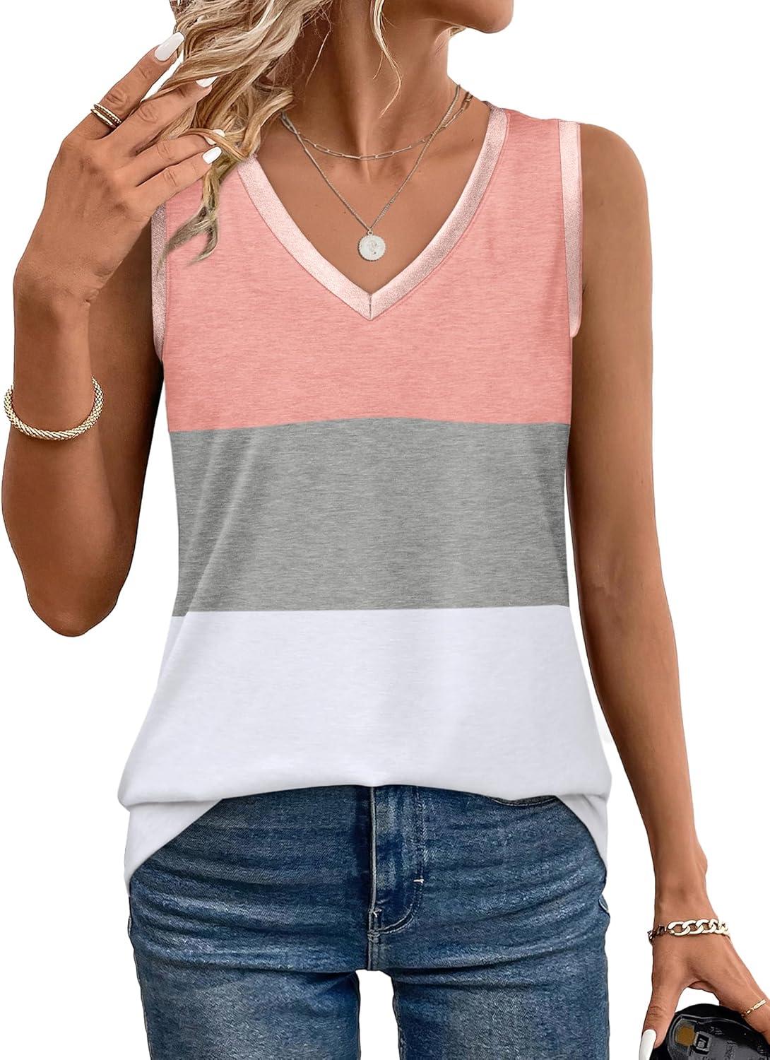 imageSAMPEEL Tank Tops for Women Summer Trendy V Neck Tops Shiny Trim Loose Fit Casual Sleeveless Shirts Fashion 2025Multicolor Coral