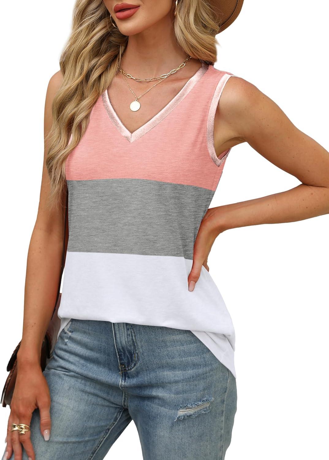 imageSAMPEEL Tank Tops for Women Summer Trendy V Neck Tops Shiny Trim Loose Fit Casual Sleeveless Shirts Fashion 2025Multicolor Coral