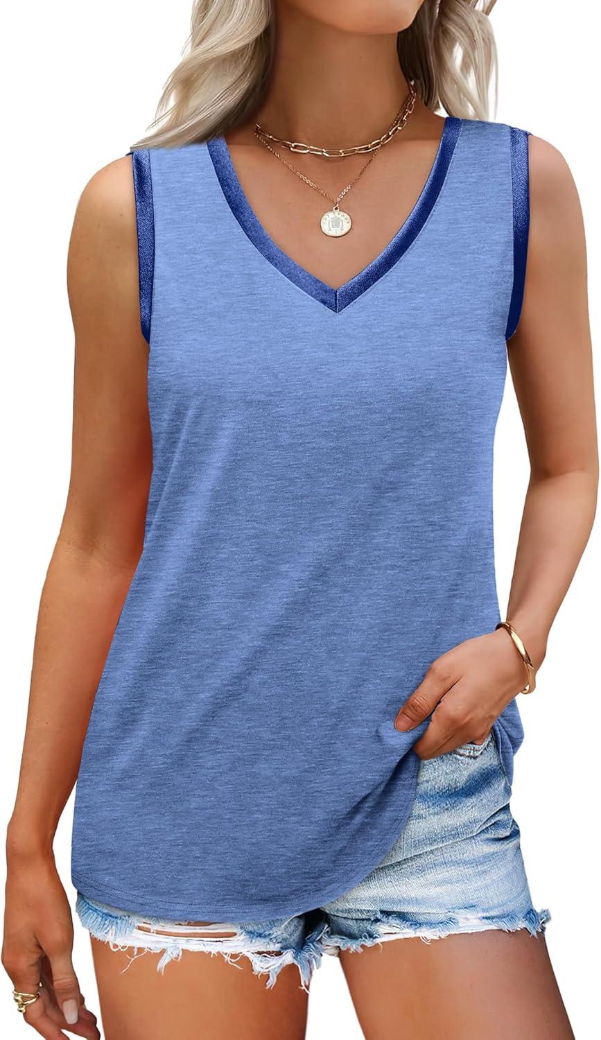 imageSAMPEEL Tank Tops for Women Summer Trendy V Neck Tops Shiny Trim Loose Fit Casual Sleeveless Shirts Fashion 2025Ocean Blue