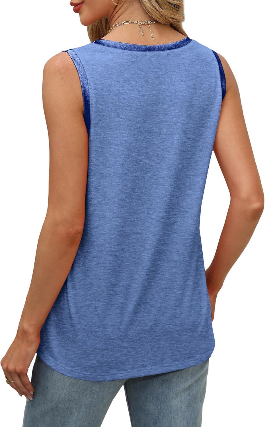 imageSAMPEEL Tank Tops for Women Summer Trendy V Neck Tops Shiny Trim Loose Fit Casual Sleeveless Shirts Fashion 2025Ocean Blue