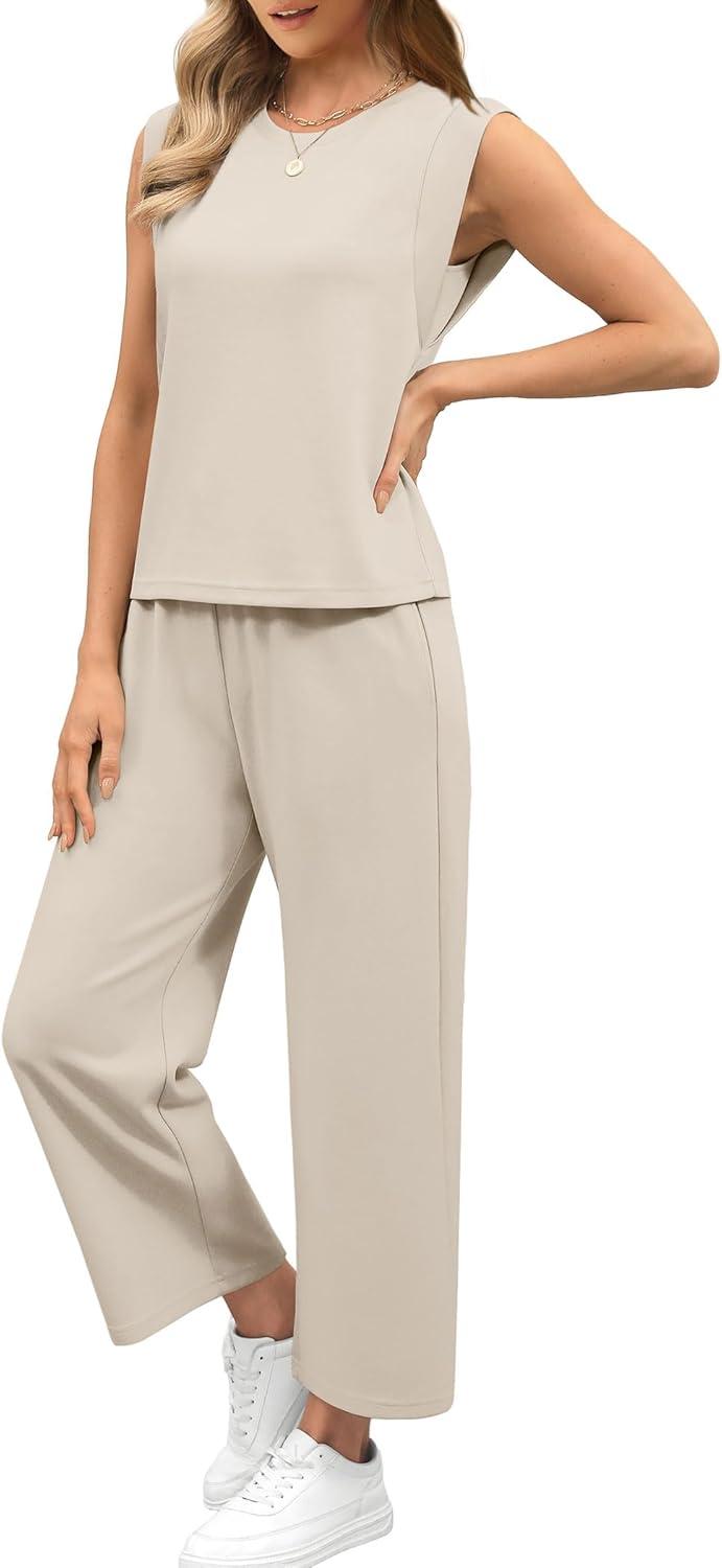 imageSAMPEEL Two Piece Sets for Women Casual Travel Vacation Outfits Summer Wide Leg Crop Pants Lounge SetsBeige