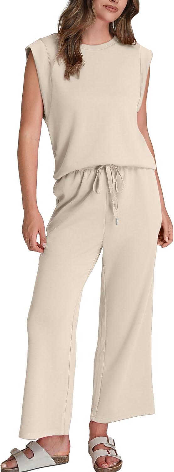 imageSAMPEEL Two Piece Sets for Women Casual Travel Vacation Outfits Summer Wide Leg Crop Pants Lounge SetsBeige