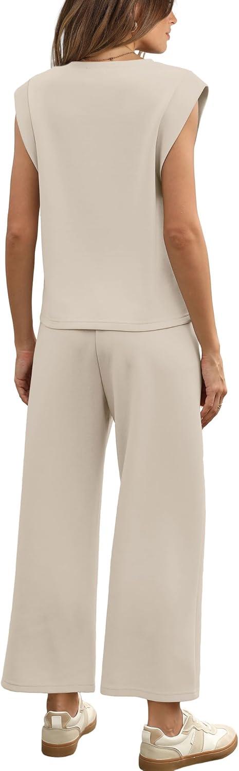 imageSAMPEEL Two Piece Sets for Women Casual Travel Vacation Outfits Summer Wide Leg Crop Pants Lounge SetsBeige