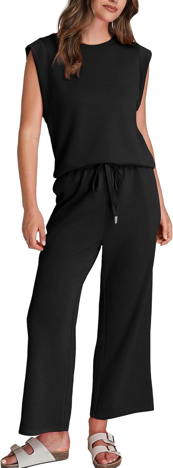 imageSAMPEEL Two Piece Sets for Women Casual Travel Vacation Outfits Summer Wide Leg Crop Pants Lounge SetsBlack