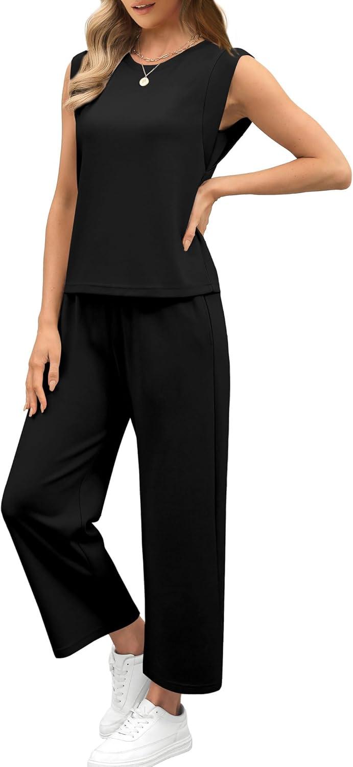 imageSAMPEEL Two Piece Sets for Women Casual Travel Vacation Outfits Summer Wide Leg Crop Pants Lounge SetsBlack