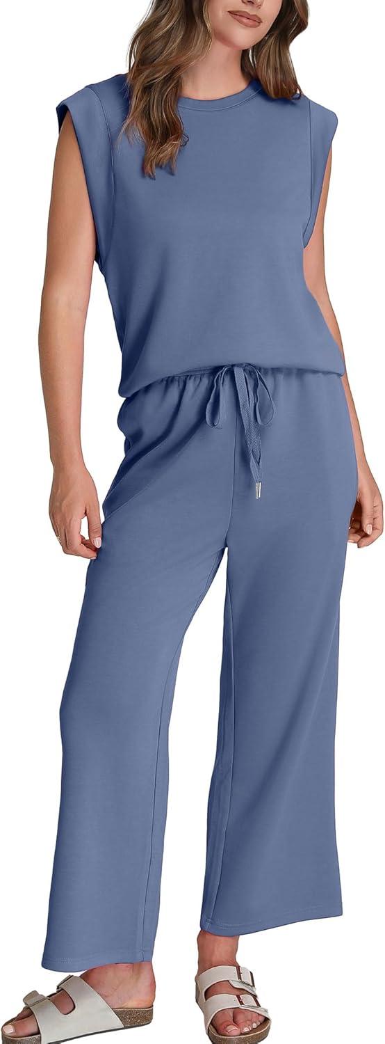 imageSAMPEEL Two Piece Sets for Women Casual Travel Vacation Outfits Summer Wide Leg Crop Pants Lounge SetsBlue