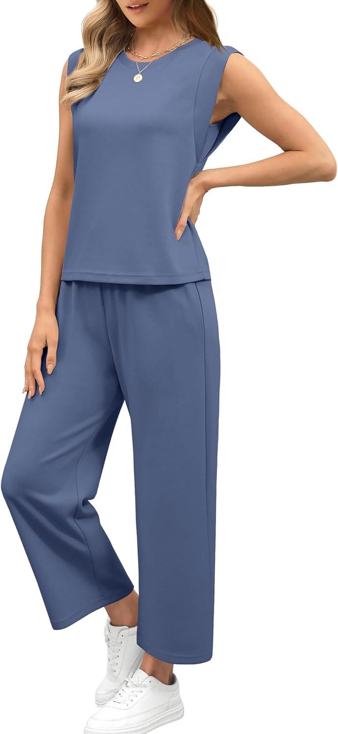 imageSAMPEEL Two Piece Sets for Women Casual Travel Vacation Outfits Summer Wide Leg Crop Pants Lounge SetsBlue