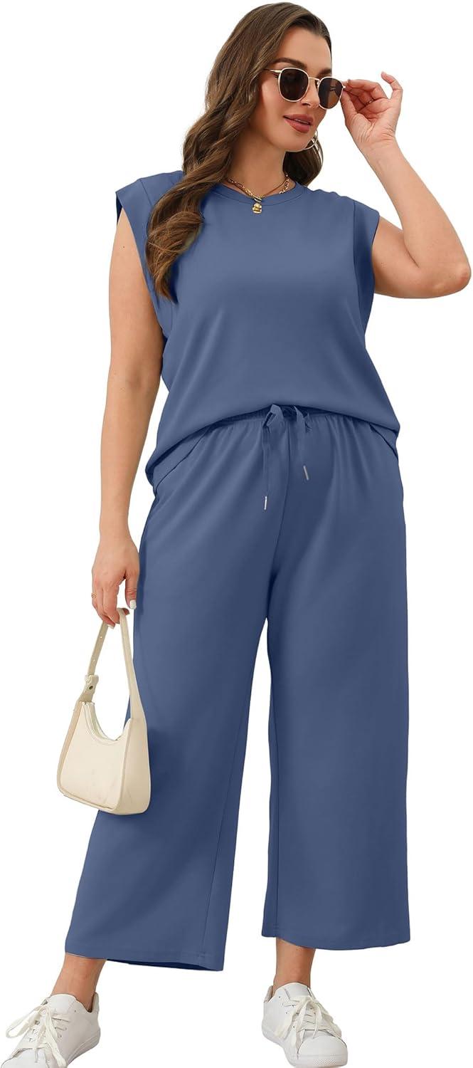 imageSAMPEEL Two Piece Sets for Women Casual Travel Vacation Outfits Summer Wide Leg Crop Pants Lounge SetsBlue