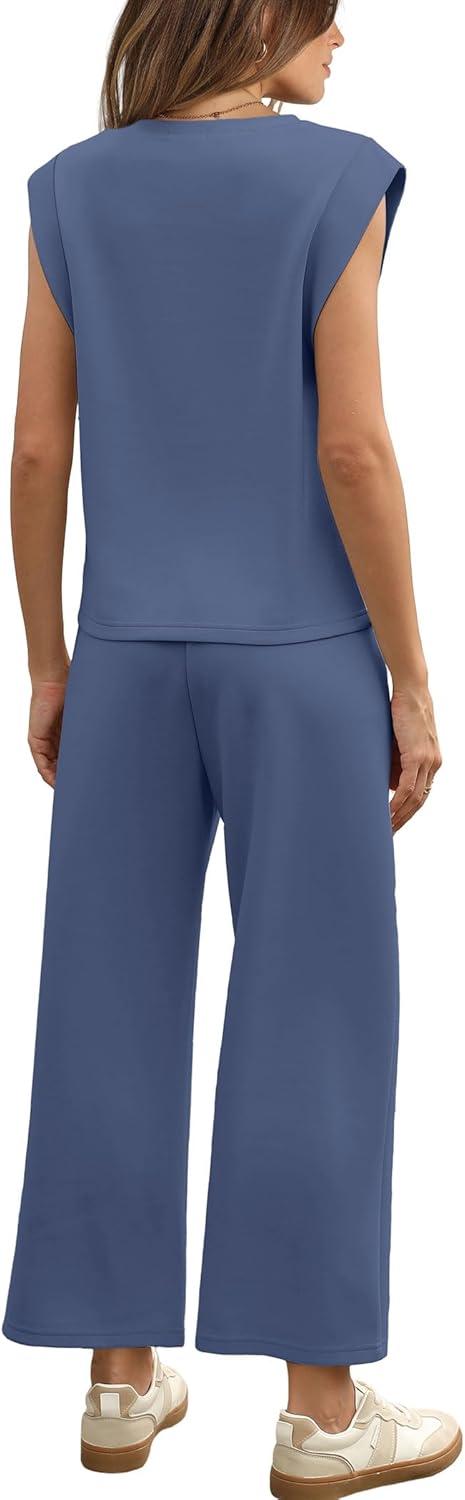 imageSAMPEEL Two Piece Sets for Women Casual Travel Vacation Outfits Summer Wide Leg Crop Pants Lounge SetsBlue