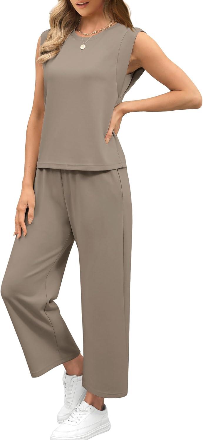 imageSAMPEEL Two Piece Sets for Women Casual Travel Vacation Outfits Summer Wide Leg Crop Pants Lounge SetsBrown