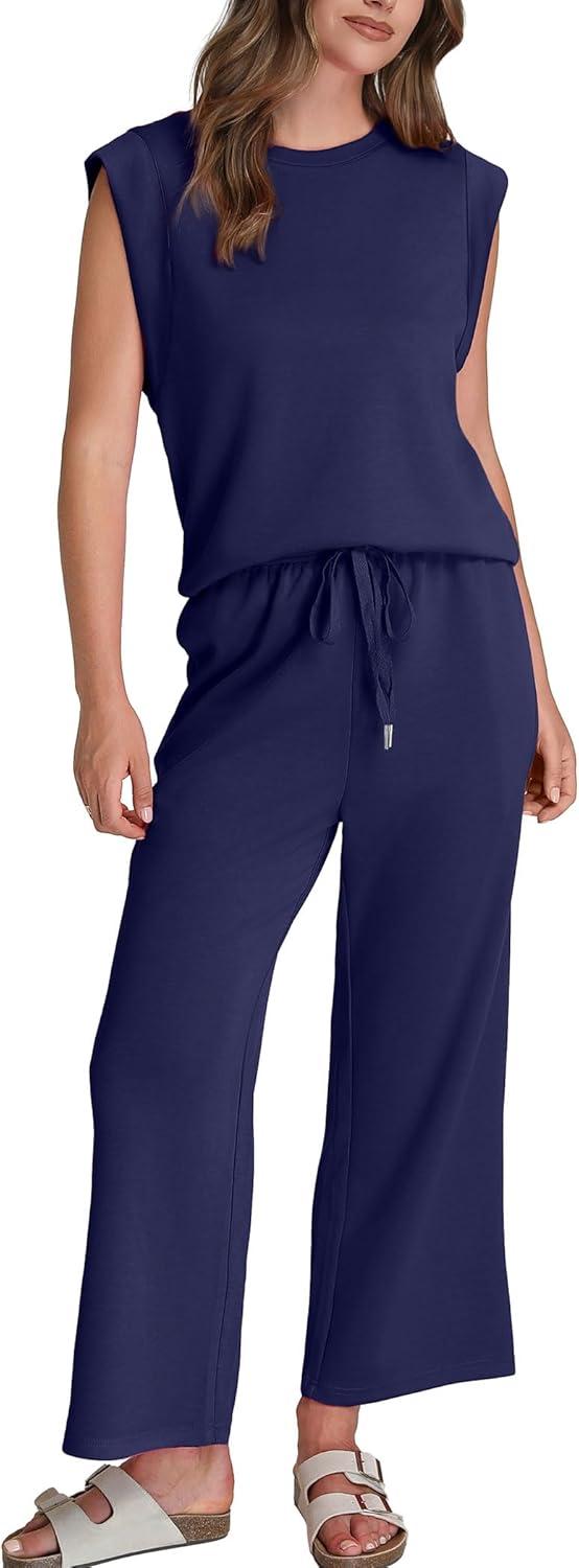 imageSAMPEEL Two Piece Sets for Women Casual Travel Vacation Outfits Summer Wide Leg Crop Pants Lounge SetsDark Blue