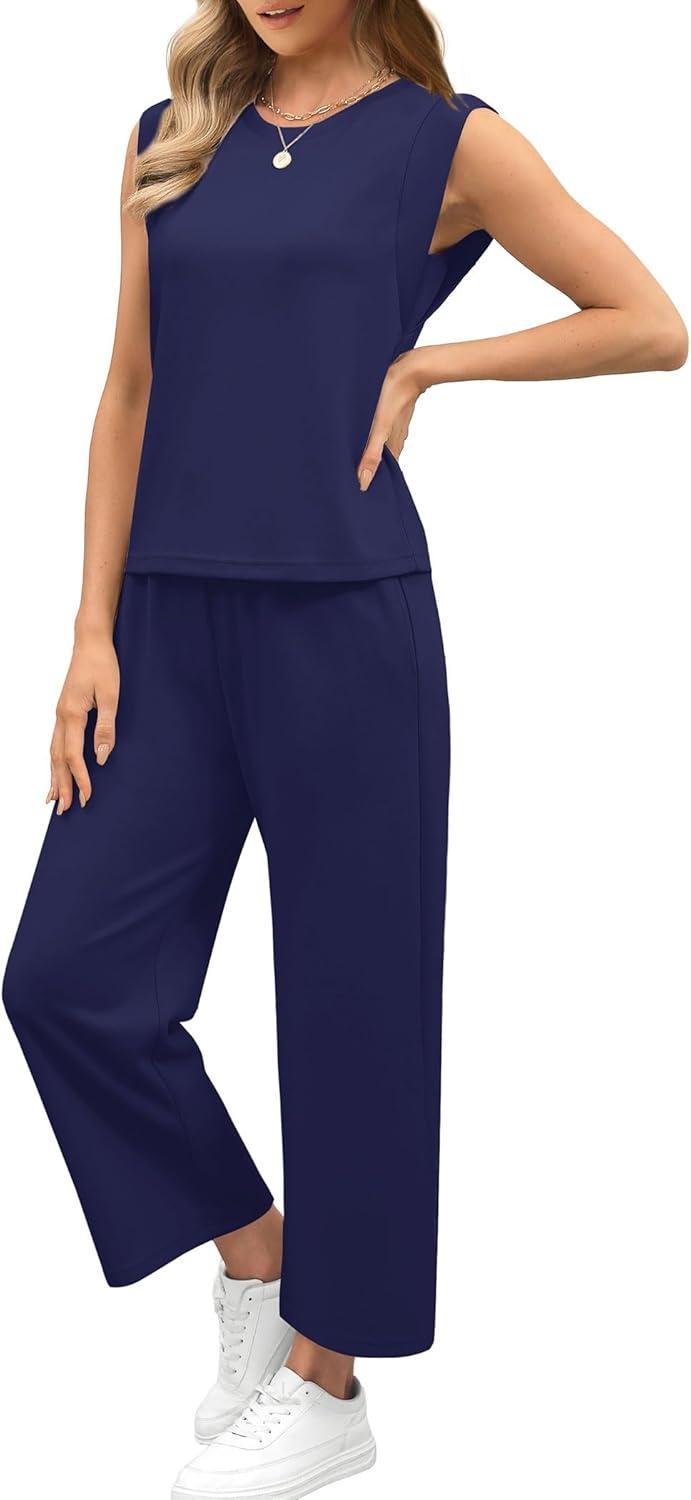imageSAMPEEL Two Piece Sets for Women Casual Travel Vacation Outfits Summer Wide Leg Crop Pants Lounge SetsDark Blue