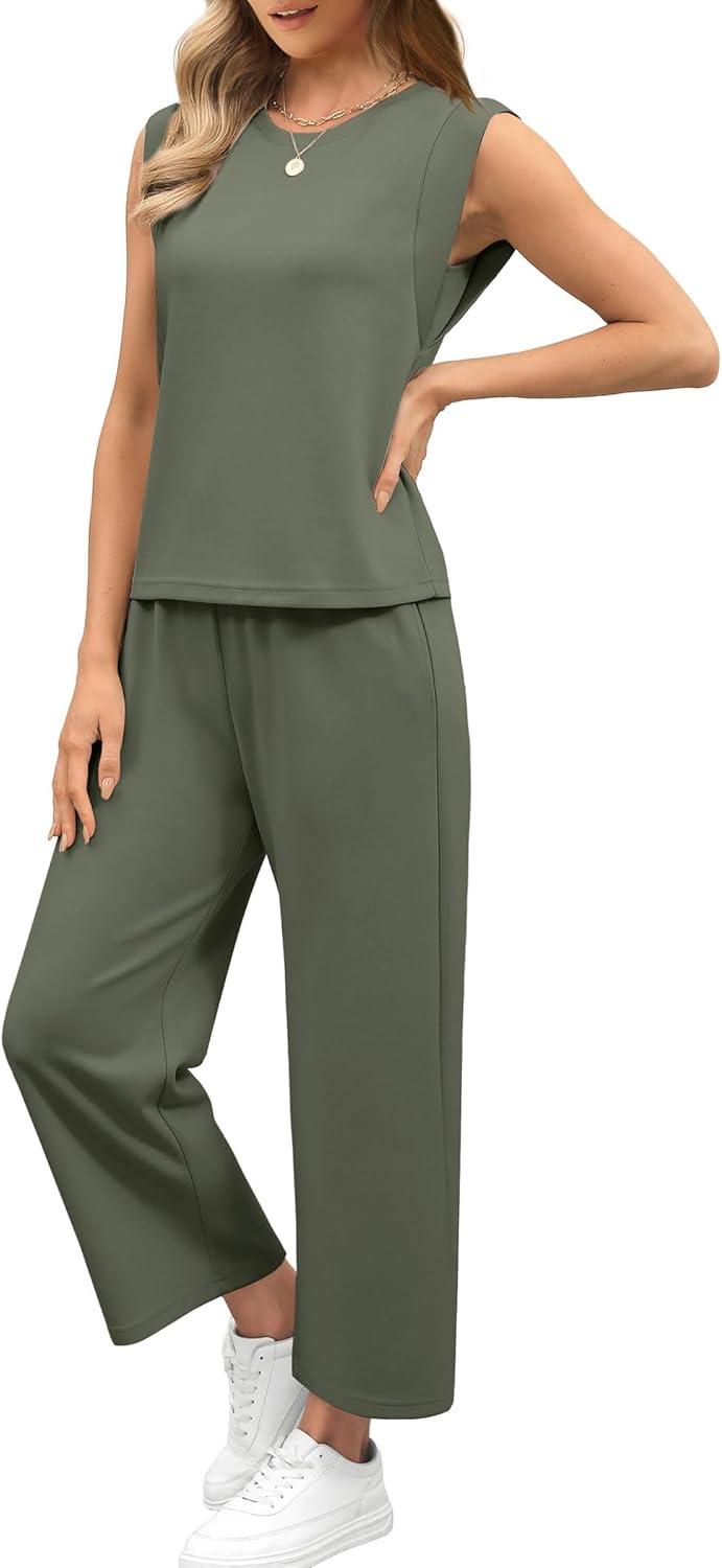 imageSAMPEEL Two Piece Sets for Women Casual Travel Vacation Outfits Summer Wide Leg Crop Pants Lounge SetsGreen