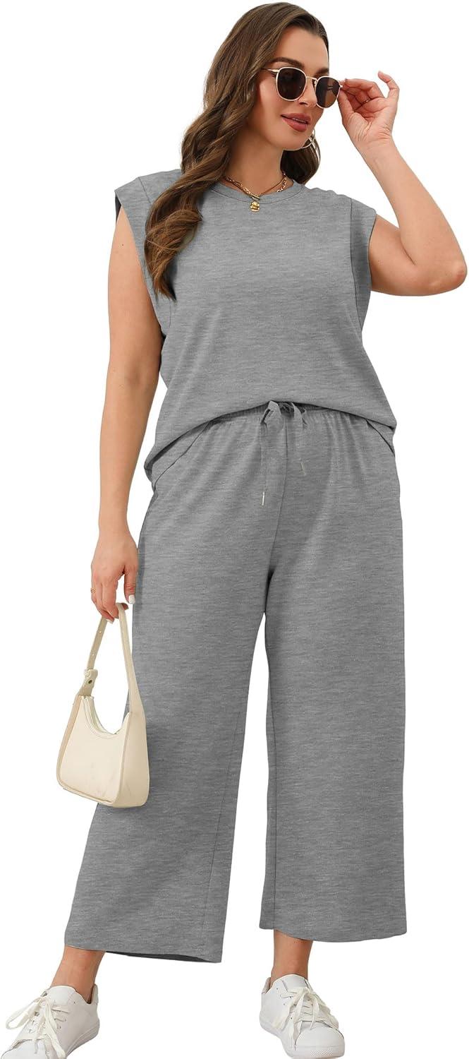 imageSAMPEEL Two Piece Sets for Women Casual Travel Vacation Outfits Summer Wide Leg Crop Pants Lounge SetsGrey