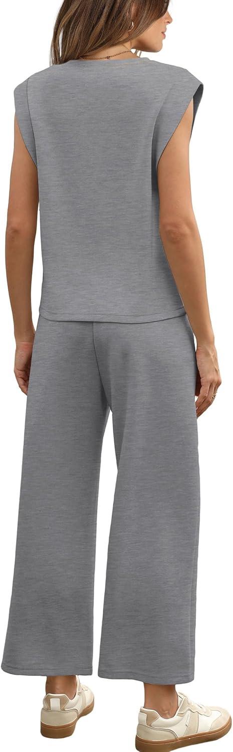 imageSAMPEEL Two Piece Sets for Women Casual Travel Vacation Outfits Summer Wide Leg Crop Pants Lounge SetsGrey