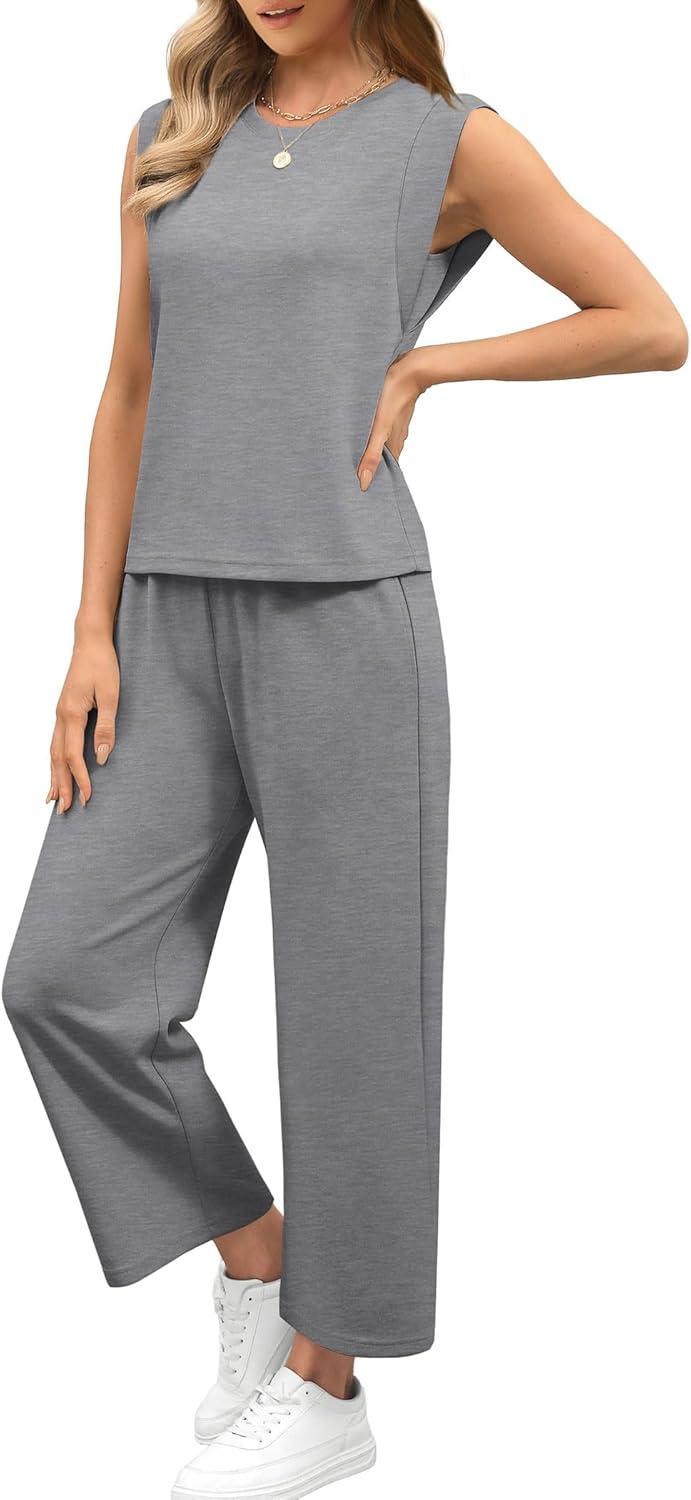 imageSAMPEEL Two Piece Sets for Women Casual Travel Vacation Outfits Summer Wide Leg Crop Pants Lounge SetsGrey