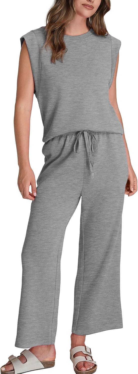 imageSAMPEEL Two Piece Sets for Women Casual Travel Vacation Outfits Summer Wide Leg Crop Pants Lounge SetsGrey