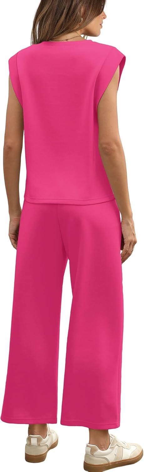 imageSAMPEEL Two Piece Sets for Women Casual Travel Vacation Outfits Summer Wide Leg Crop Pants Lounge SetsHot Pink