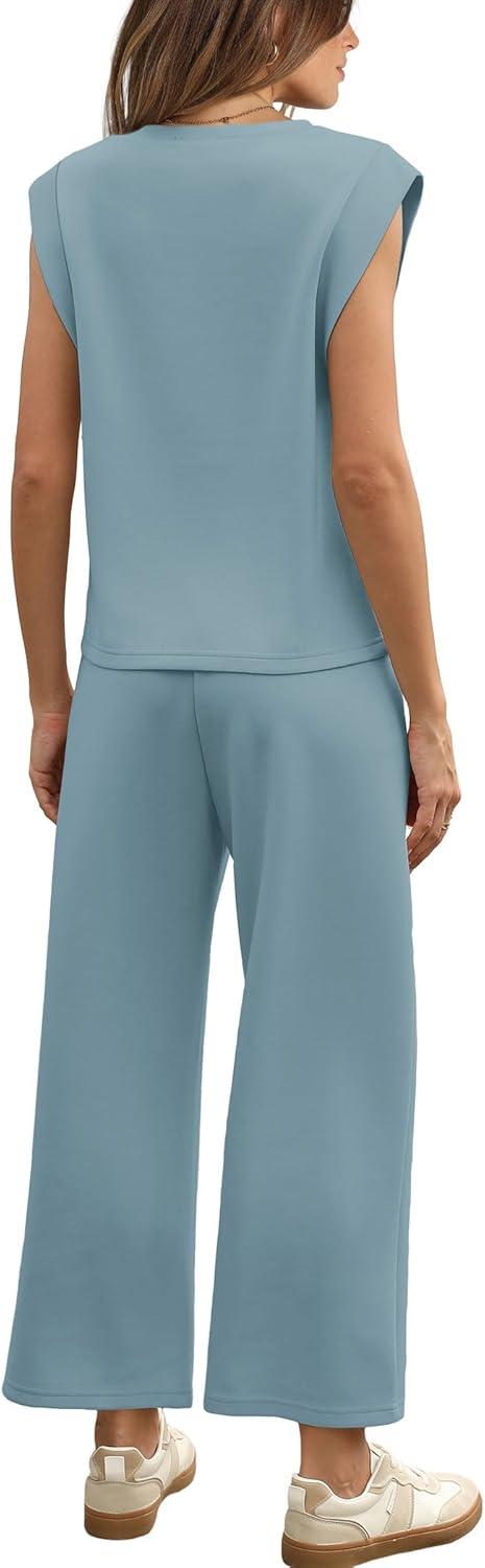 imageSAMPEEL Two Piece Sets for Women Casual Travel Vacation Outfits Summer Wide Leg Crop Pants Lounge SetsLake Blue