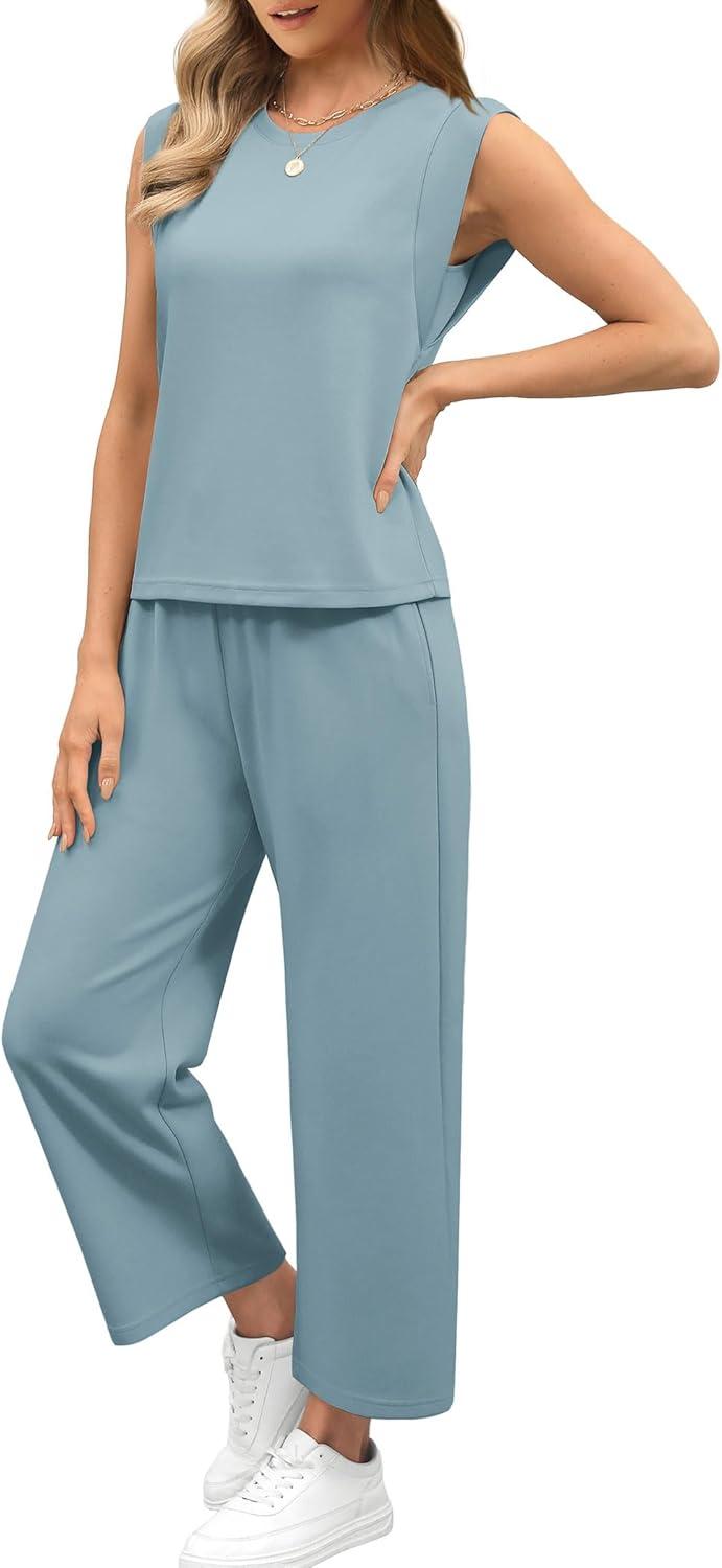 imageSAMPEEL Two Piece Sets for Women Casual Travel Vacation Outfits Summer Wide Leg Crop Pants Lounge SetsLake Blue